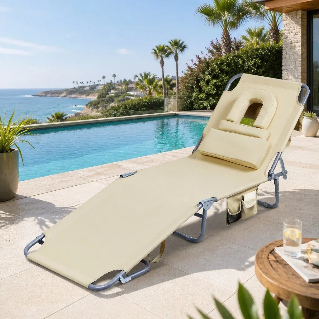 Foldable Lounge Chair 600D Oxford Fabric 188cm x 55cm Khaki with Face Hole and 5 Position Adjustable Backrest