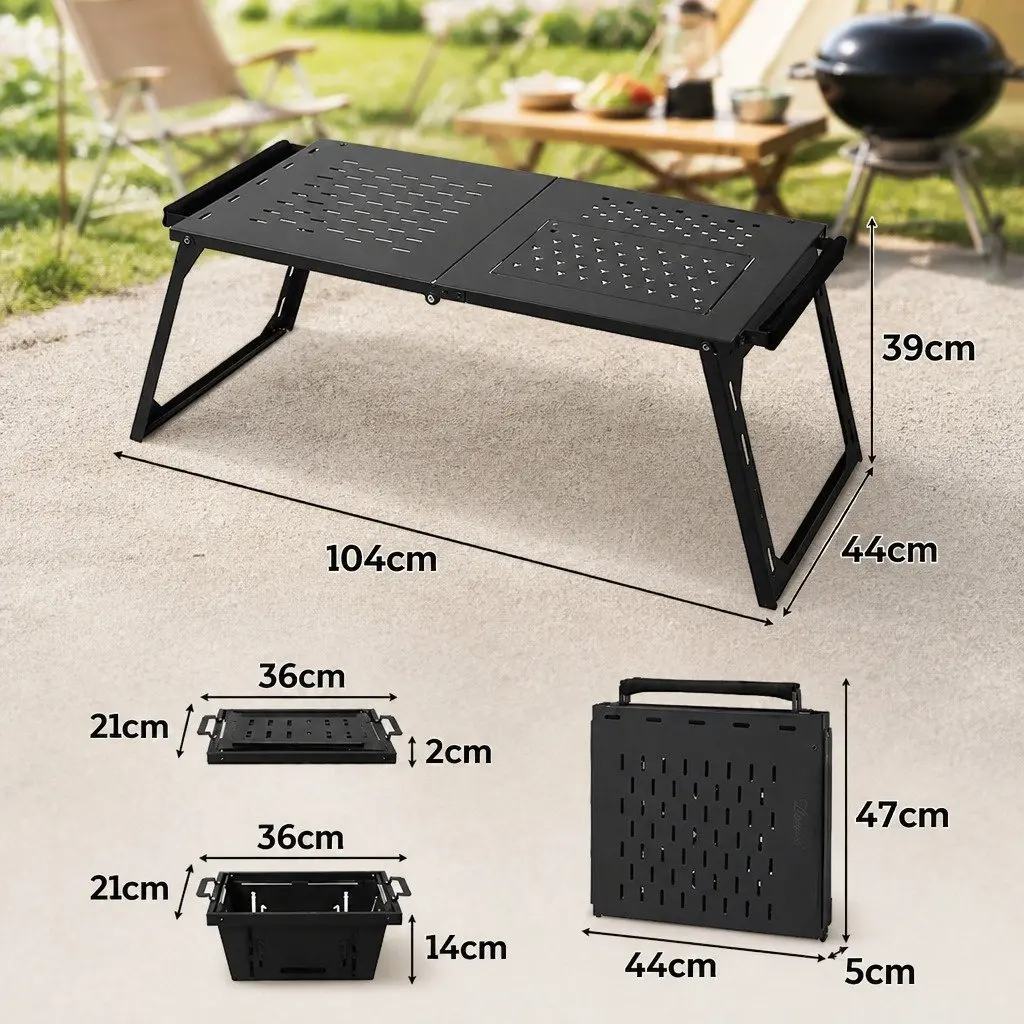 Folding Camping Table with BBQ Grill Carbon Steel L Size Black Portable Multifunctional Outdoor