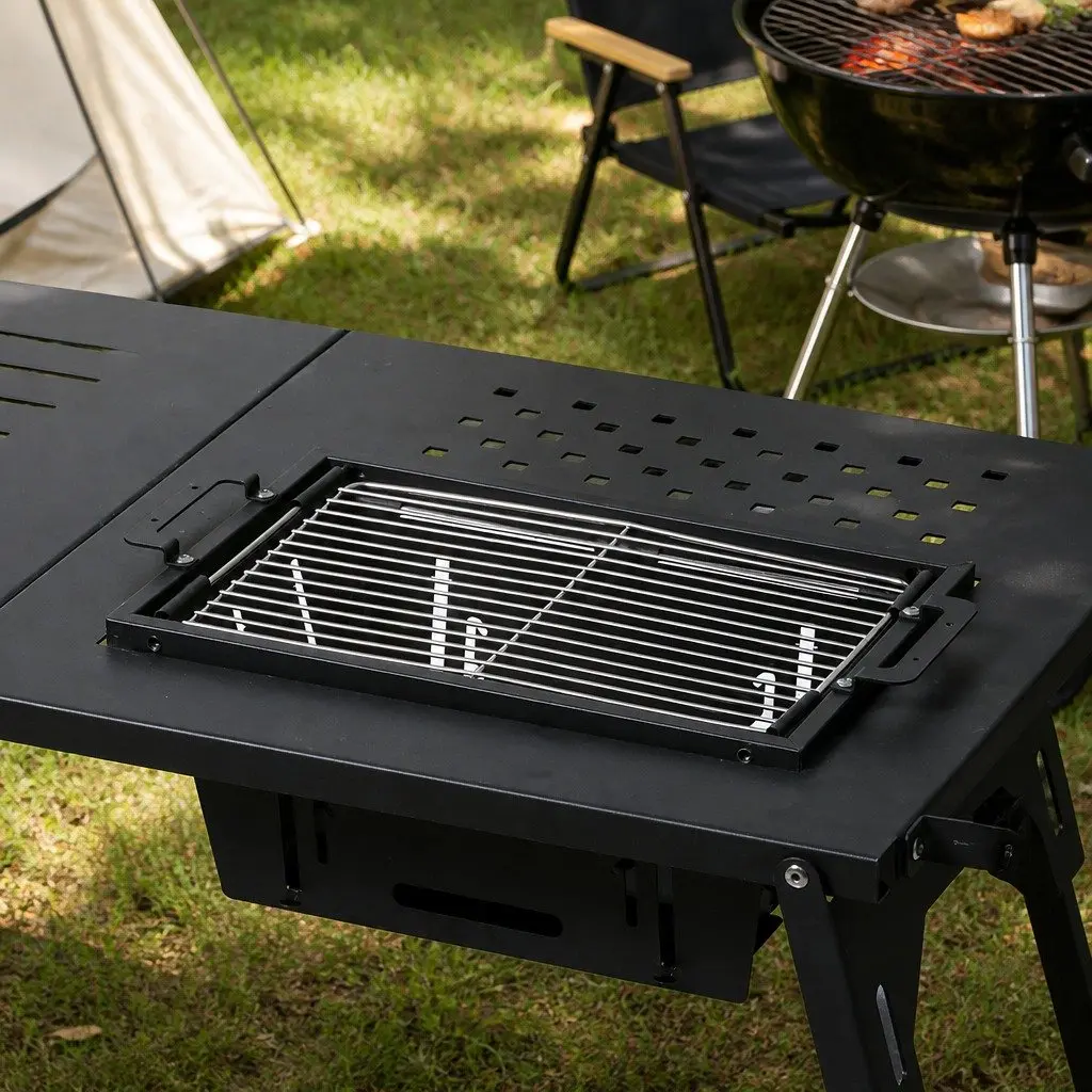 Folding Camping Table with BBQ Grill Carbon Steel L Size Black Portable Multifunctional Outdoor