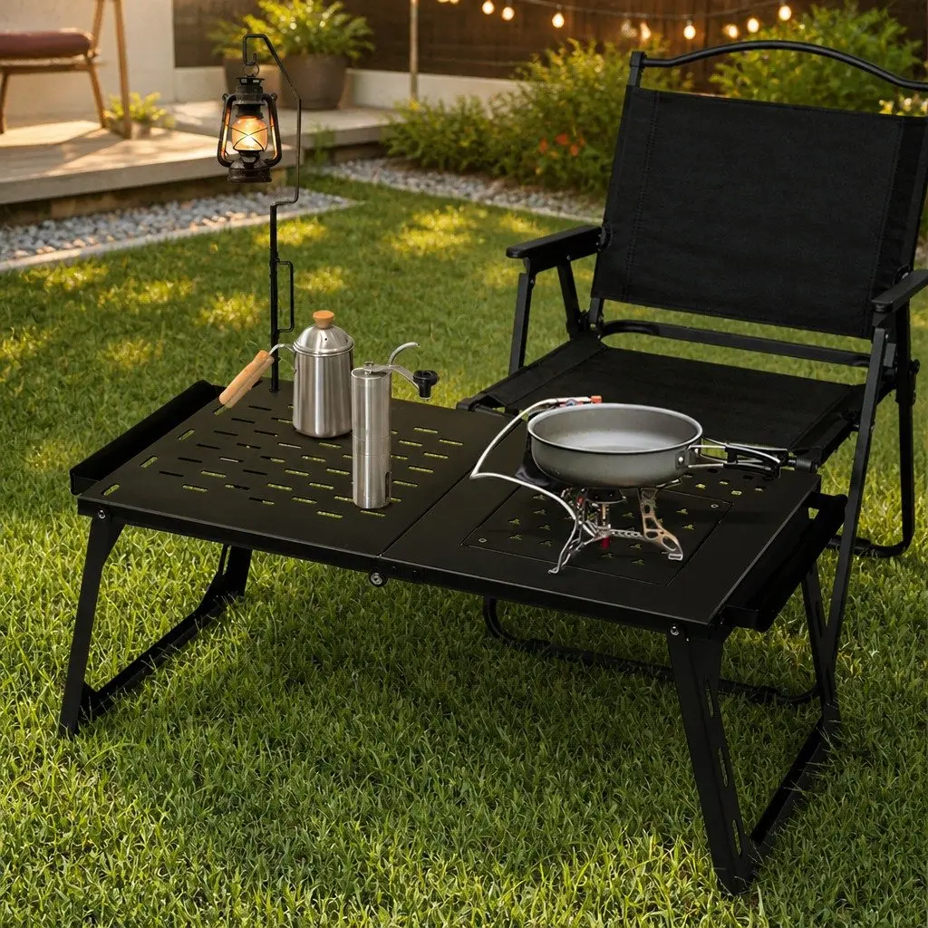 Portable Charcoal BBQ Grill Table Foldable Carbon Steel Outdoor Cooking Station Black