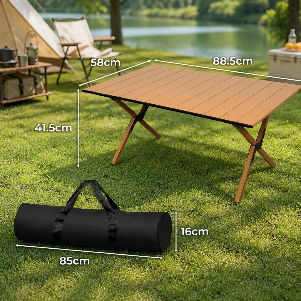 Portable Folding Table Lightweight Steel Frame Oak Beech Outdoor Camping BBQ Trestle with Carry Bag 88.5cm x 58cm x 41.5cm