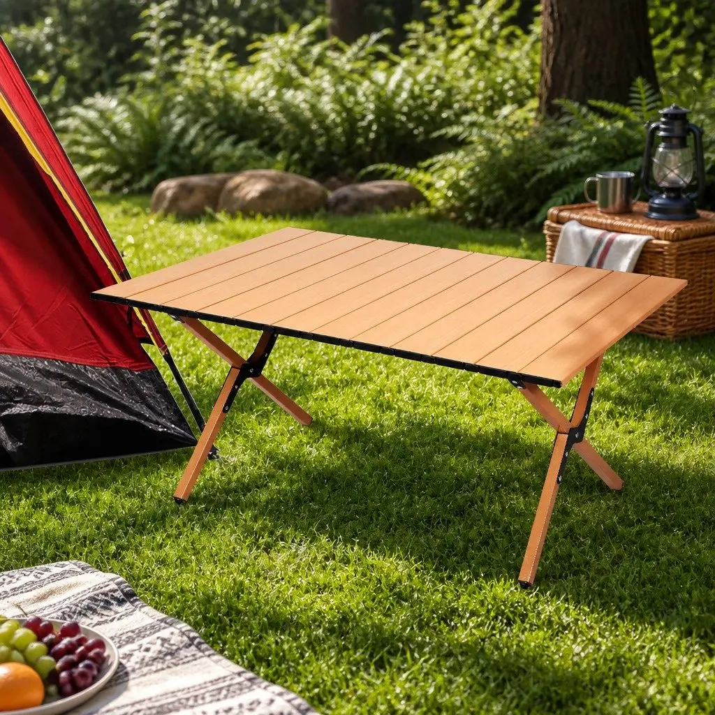Portable Folding Table Lightweight Steel Frame Oak Beech Outdoor Camping BBQ Trestle with Carry Bag 88.5cm x 58cm x 41.5cm
