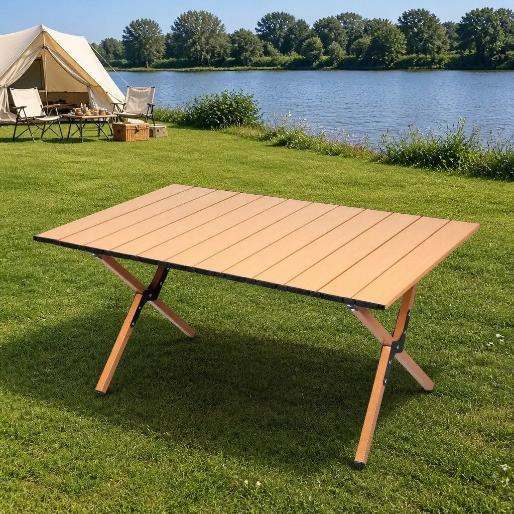 Portable Folding Table Lightweight Steel Frame Oak Beech Outdoor Camping BBQ Trestle with Carry Bag 88.5cm x 58cm x 41.5cm