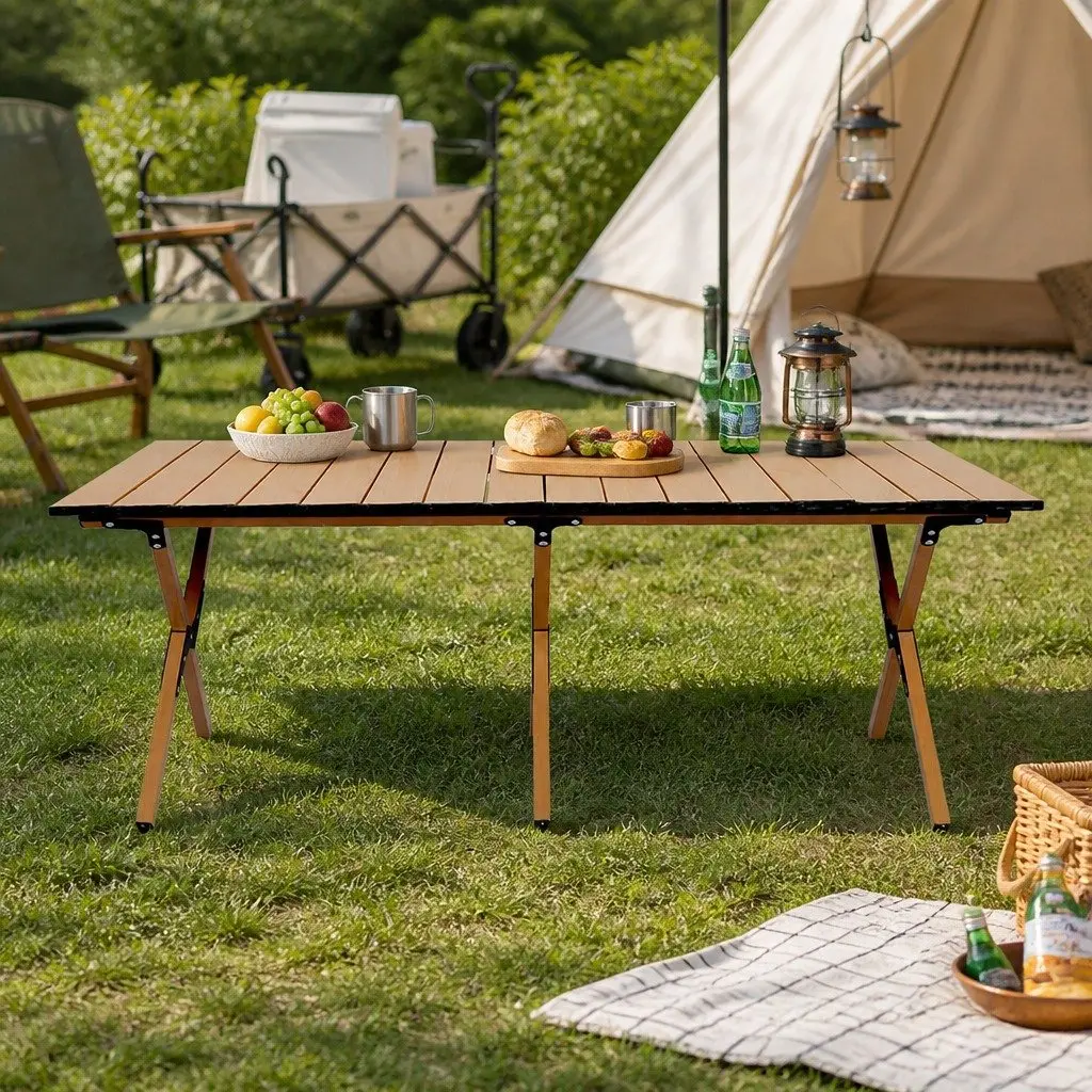 Folding Camping Table Steel Frame 117.5cm x 58cm x 43cm Oak Colour