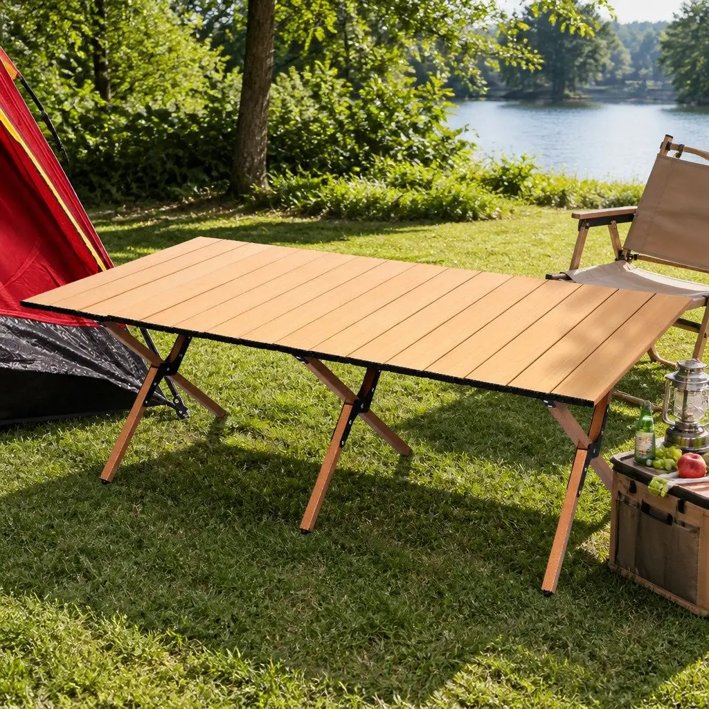 Folding Camping Table Steel Frame 117.5cm x 58cm x 43cm Oak Colour
