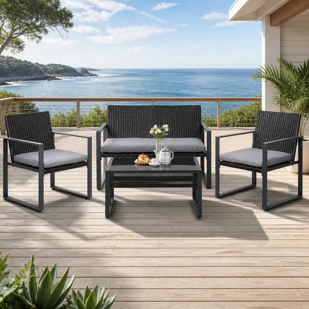 4 Piece Outdoor Sofa Set Rattan Chairs Glass Table Patio Furniture Black