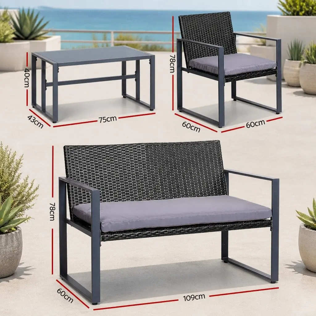 4 Piece Outdoor Sofa Set Rattan Chairs Glass Table Black