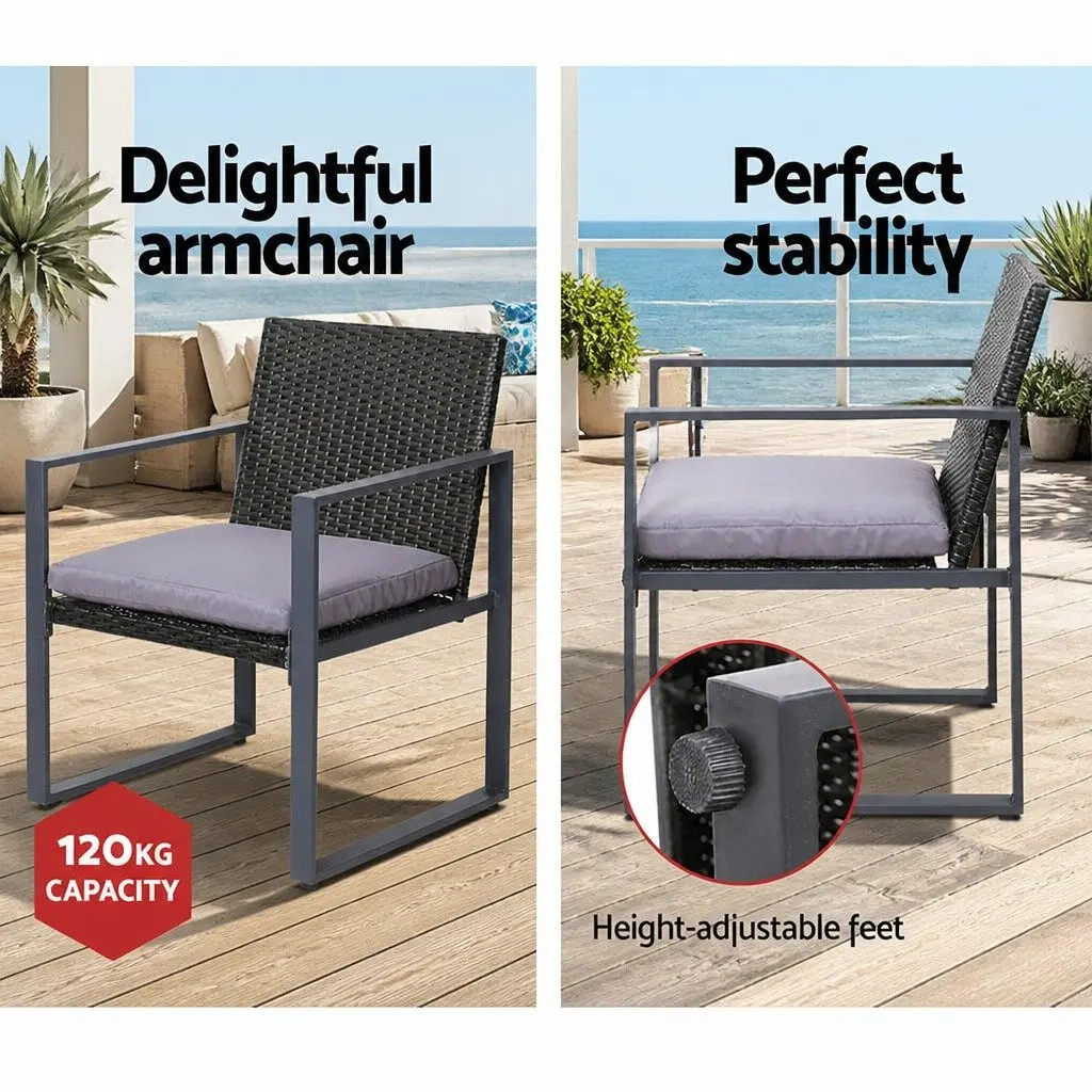 4 Piece Outdoor Sofa Set Rattan Chairs Glass Table Black
