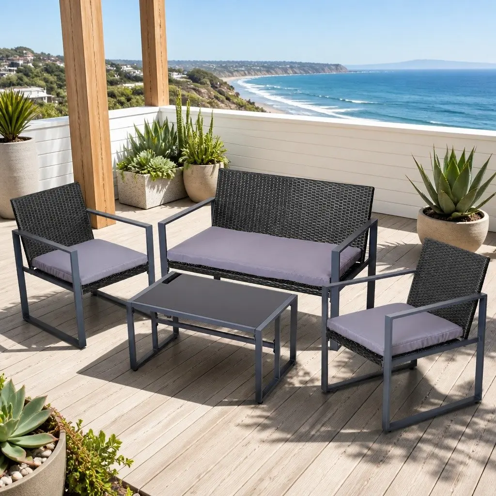 4 Piece Outdoor Sofa Set Rattan Chairs Glass Table Black