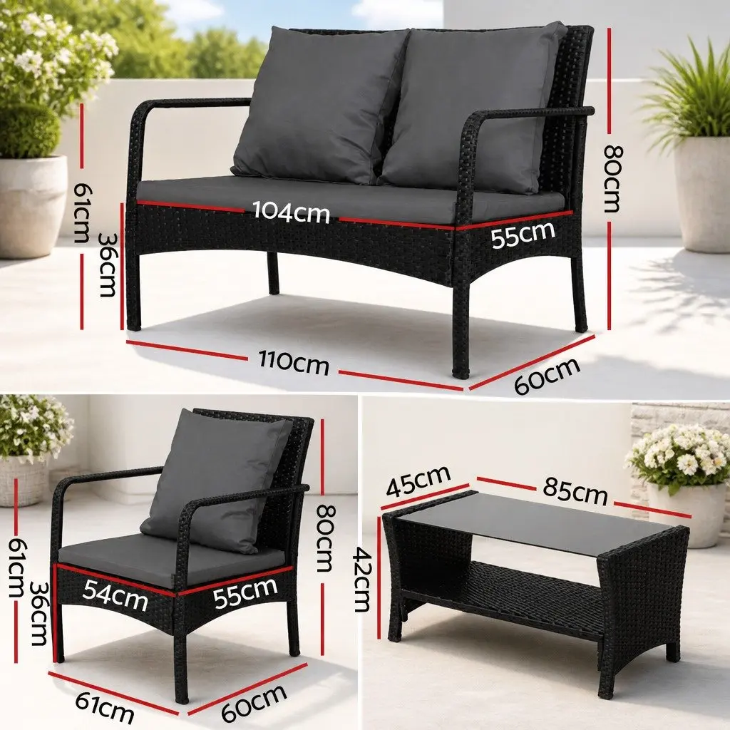 Outdoor Sofa Set Wicker 4-Piece Lounge Black Dark Grey Cushions Garden Patio Furniture