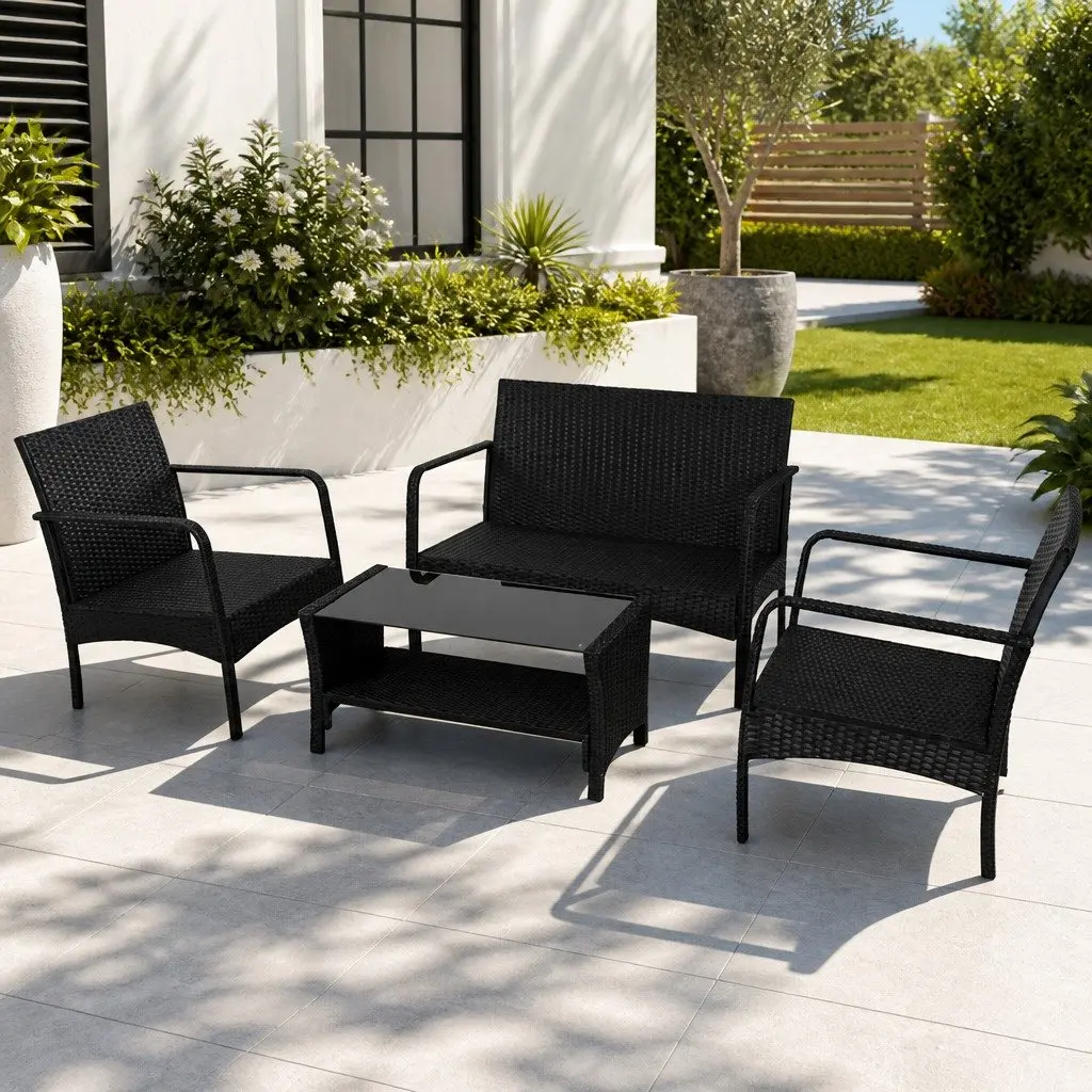 Outdoor Sofa Set Wicker 4-Piece Lounge Black Dark Grey Cushions Garden Patio Furniture