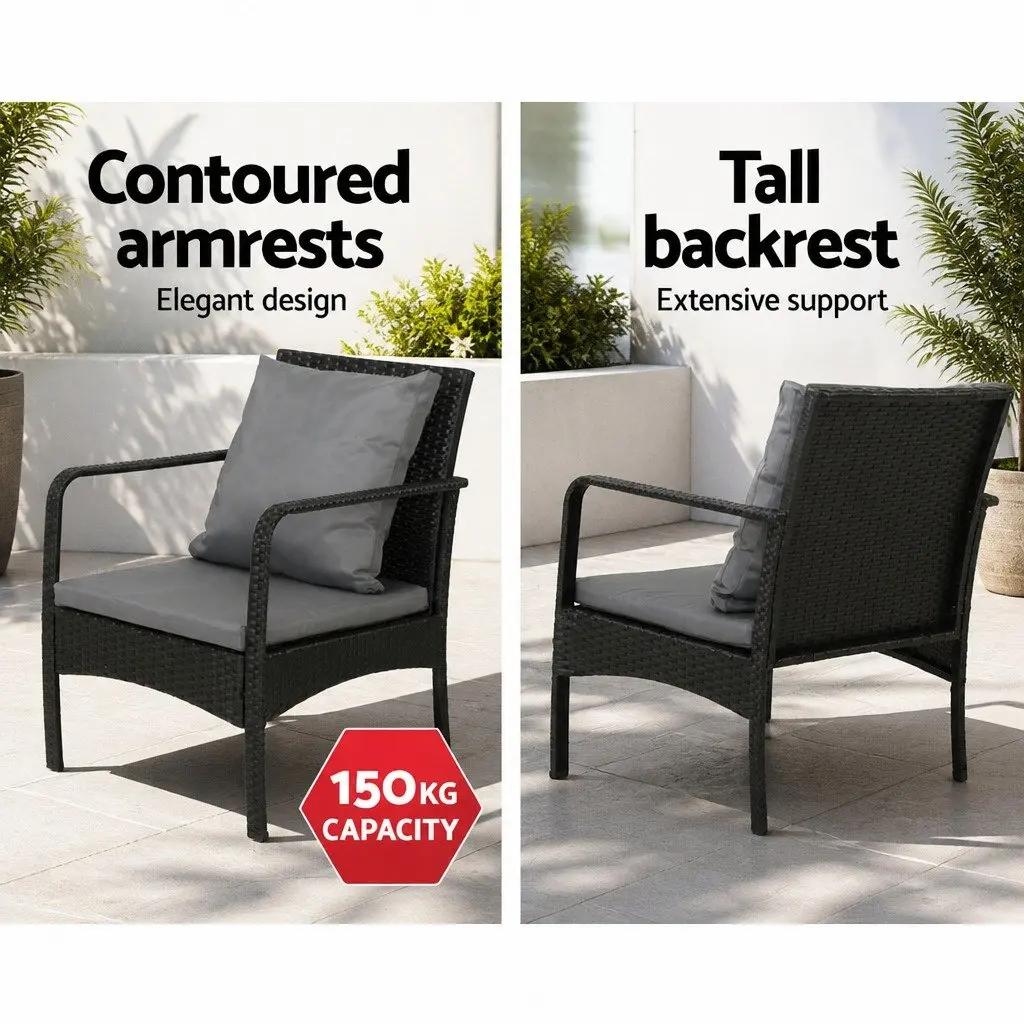 Outdoor Sofa Set Wicker 4-Piece Lounge Black Dark Grey Cushions Garden Patio Furniture
