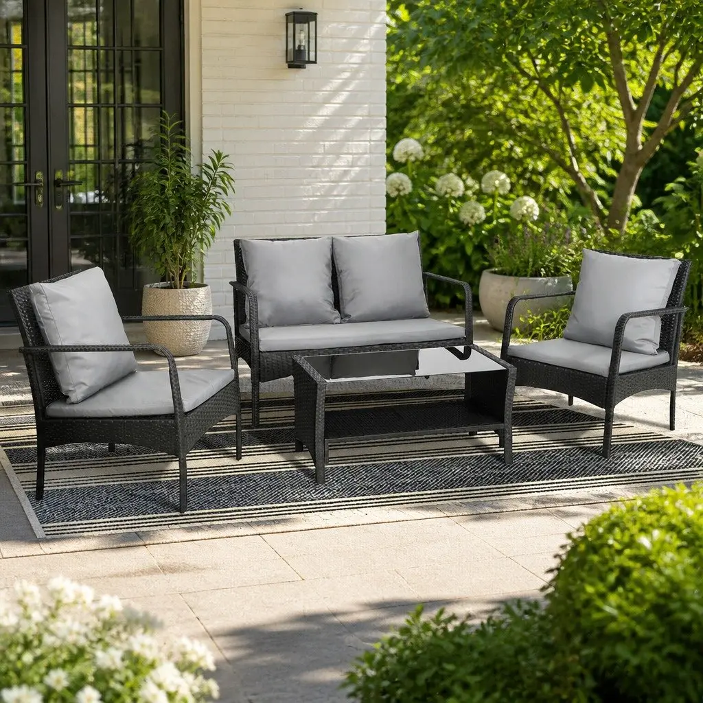 Outdoor Sofa Set Wicker 4-Piece Lounge Black Dark Grey Cushions Garden Patio Furniture
