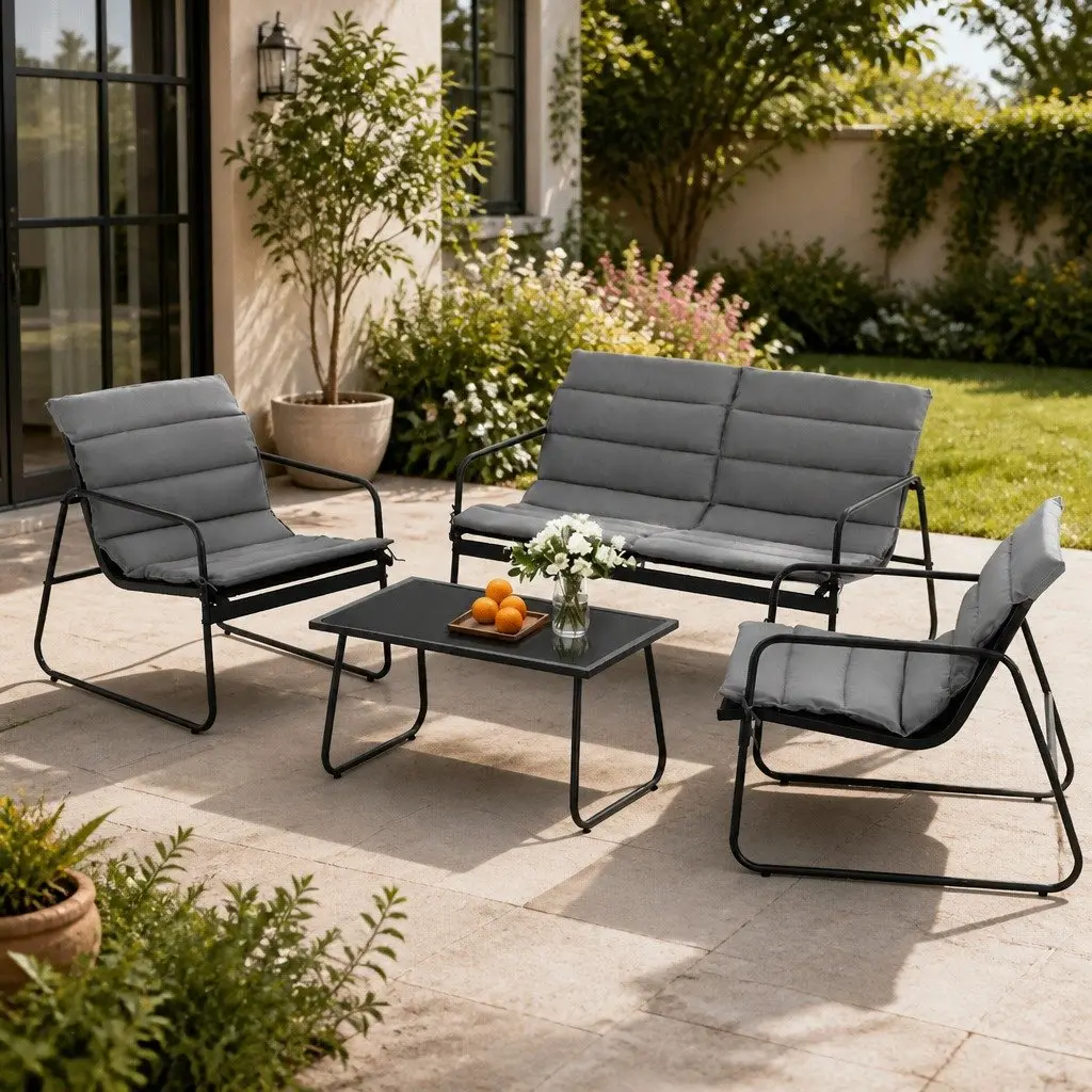 4 Piece Outdoor Sofa Set with Tempered Glass Table Chairs Textilene Patio Lounge