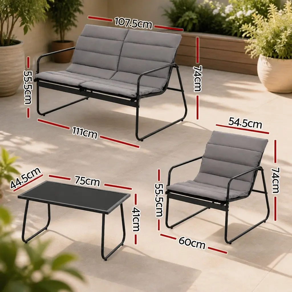 4 Piece Outdoor Sofa Set Steel Frame Textilene Fabric Black with Tempered Glass Table