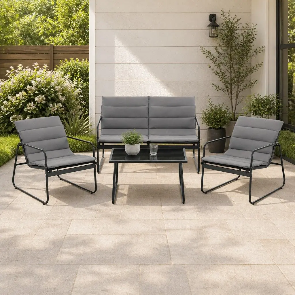 4 Piece Outdoor Sofa Set Steel Frame Textilene Fabric Black with Tempered Glass Table