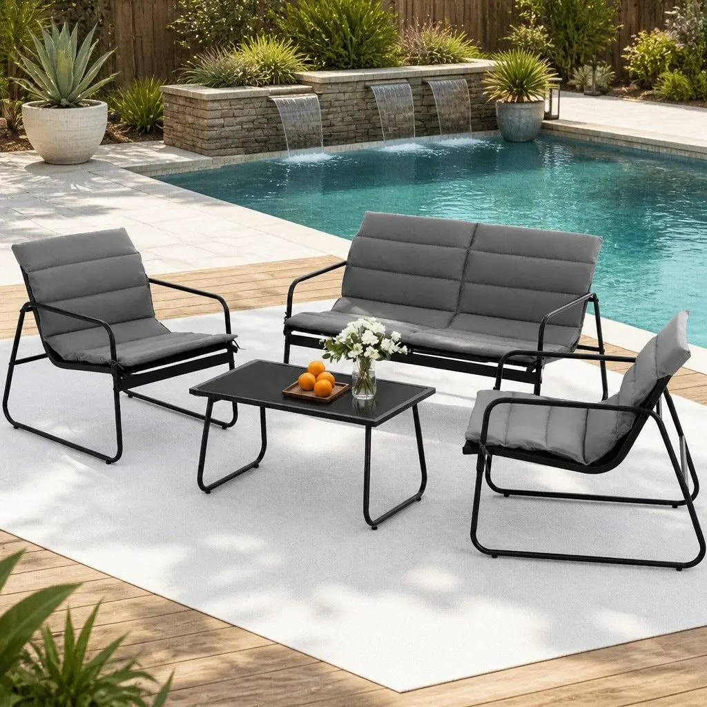 4 Piece Outdoor Sofa Set Steel Frame Textilene Fabric Black with Tempered Glass Table