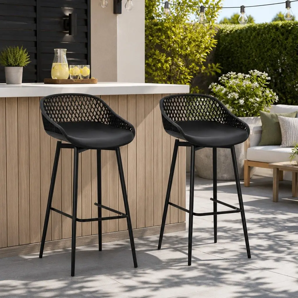 Outdoor Bar Stools Black Polypropylene Seat Metal Frame Height Adjustable 2 Piece