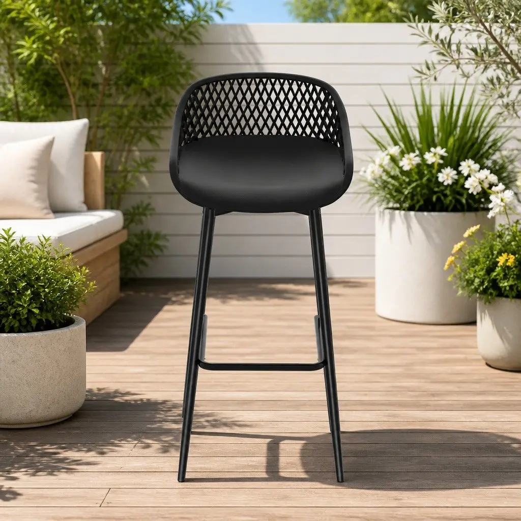 Outdoor Bar Stools Black Polypropylene Seat Metal Frame Height Adjustable 2 Piece