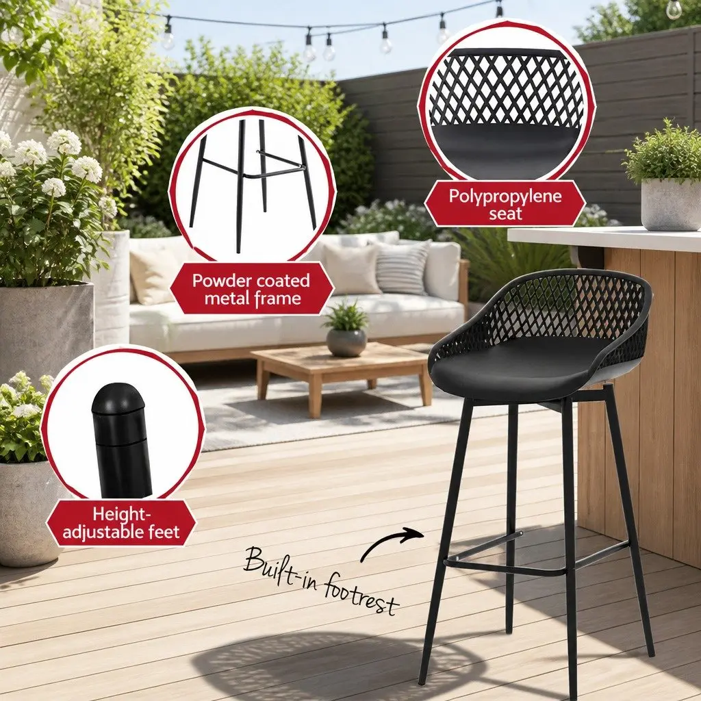 Outdoor Bar Stools Black Polypropylene Seat Metal Frame Height Adjustable 2 Piece
