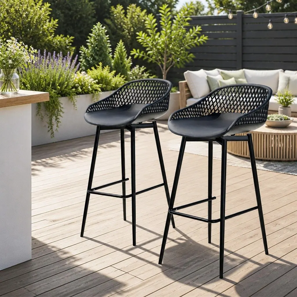 Outdoor Bar Stools Black Polypropylene Seat Metal Frame Height Adjustable 2 Piece