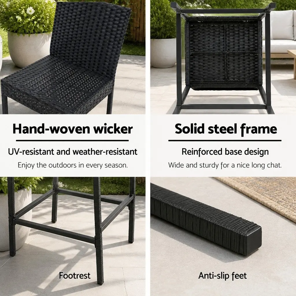 Outdoor Bar Stools Set Hand-Woven PE Wicker Steel Frame Grey Cushion Black 4 Piece
