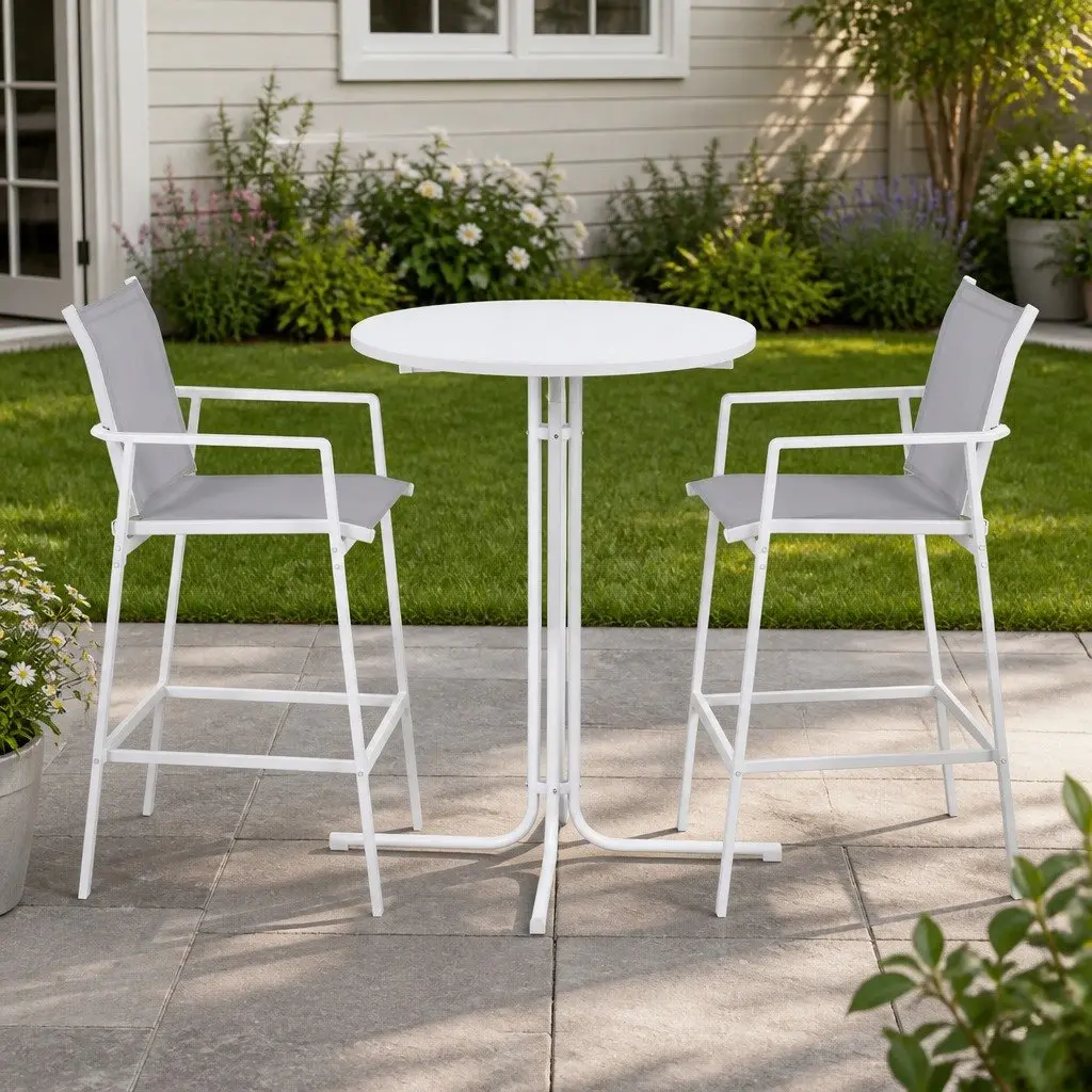 Outdoor Bar Stools Set Steel Frame 3 Piece Bistro Table Chairs White and Grey