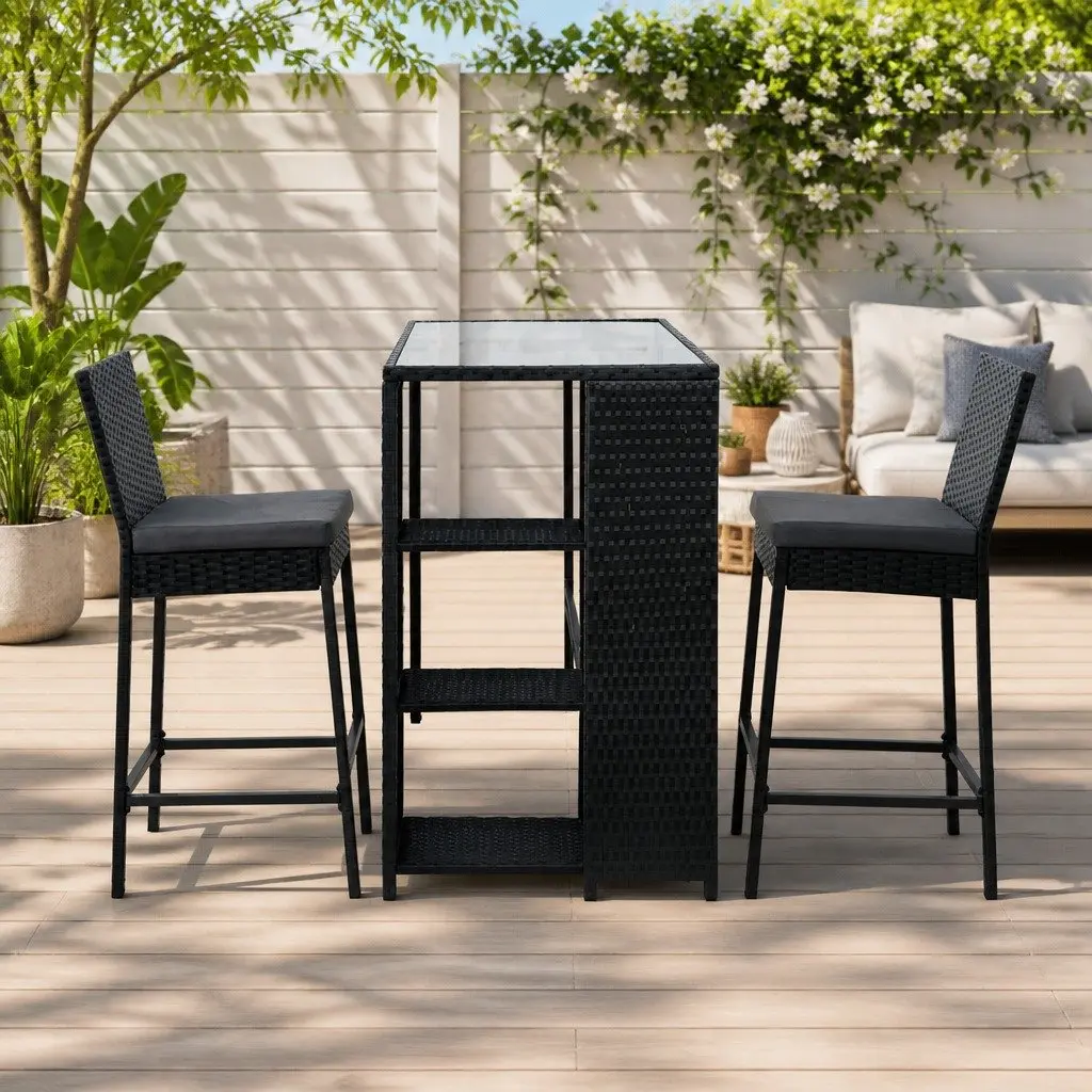 3-Piece Outdoor Bar Set PE Wicker Steel Frame Table Chairs Black