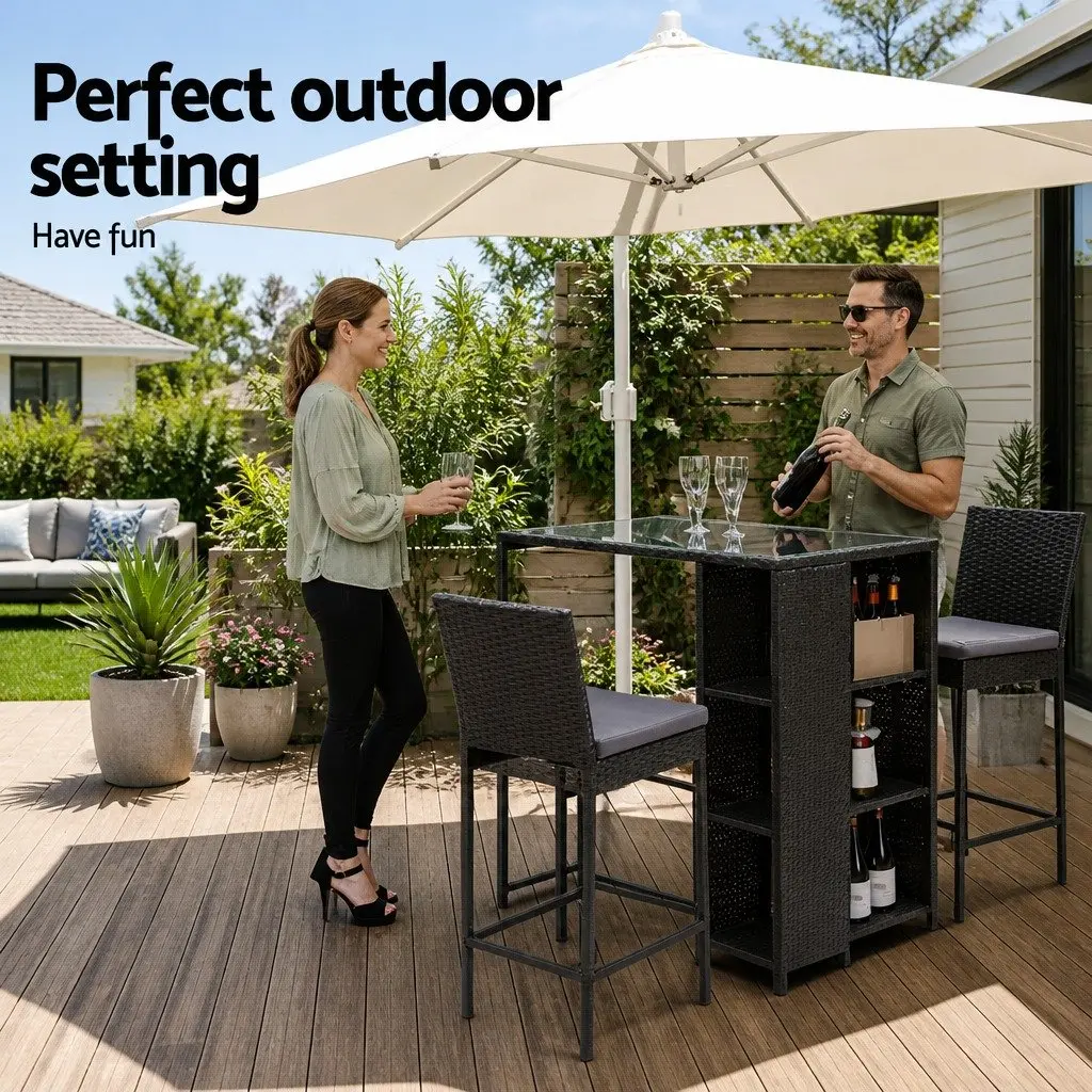 3-Piece Outdoor Bar Set PE Wicker Steel Frame Table Chairs Black