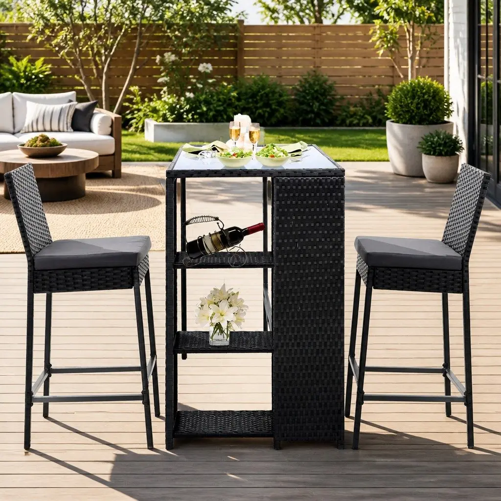 3-Piece Outdoor Bar Set PE Wicker Steel Frame Table Chairs Black