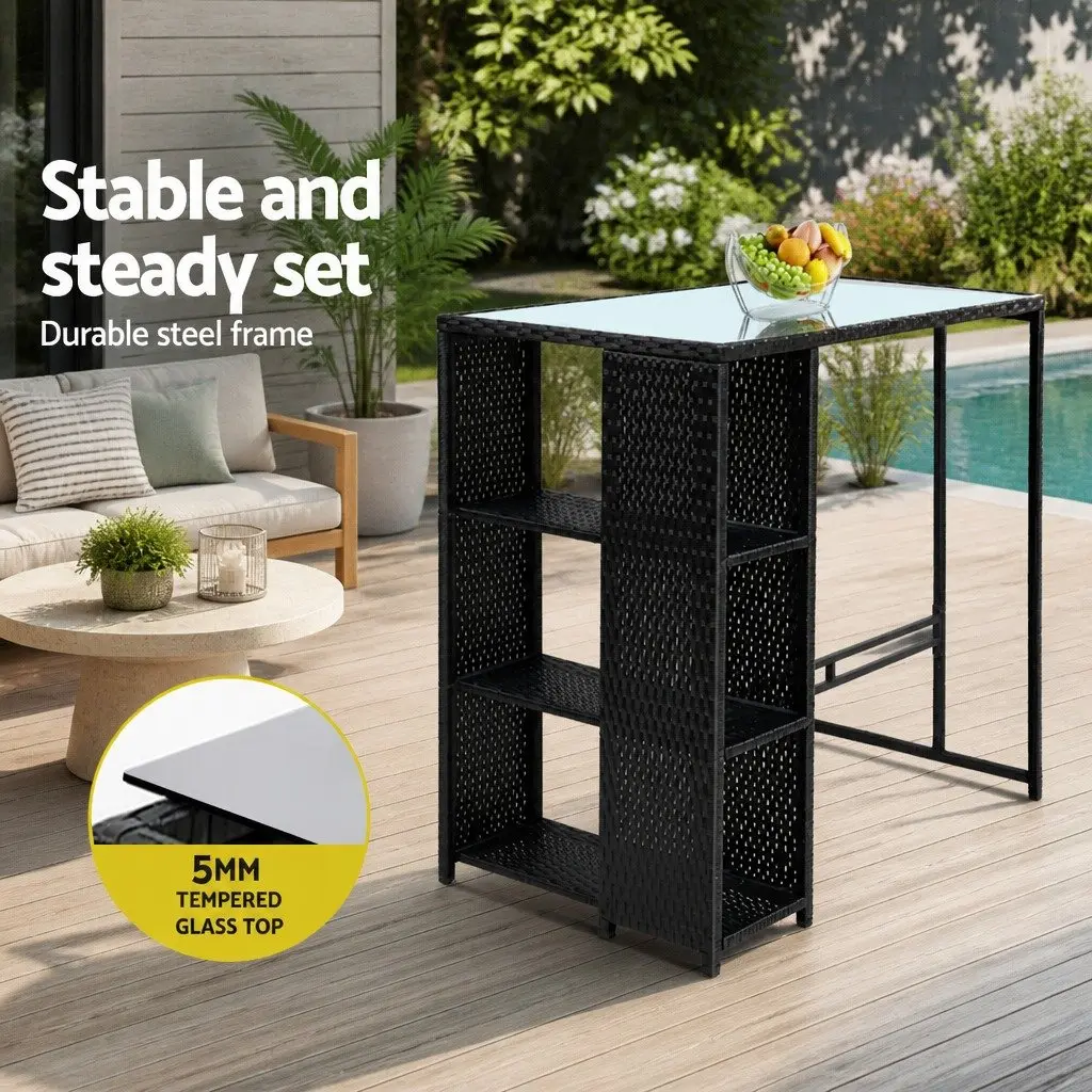 3-Piece Outdoor Bar Set PE Wicker Steel Frame Table Chairs Black