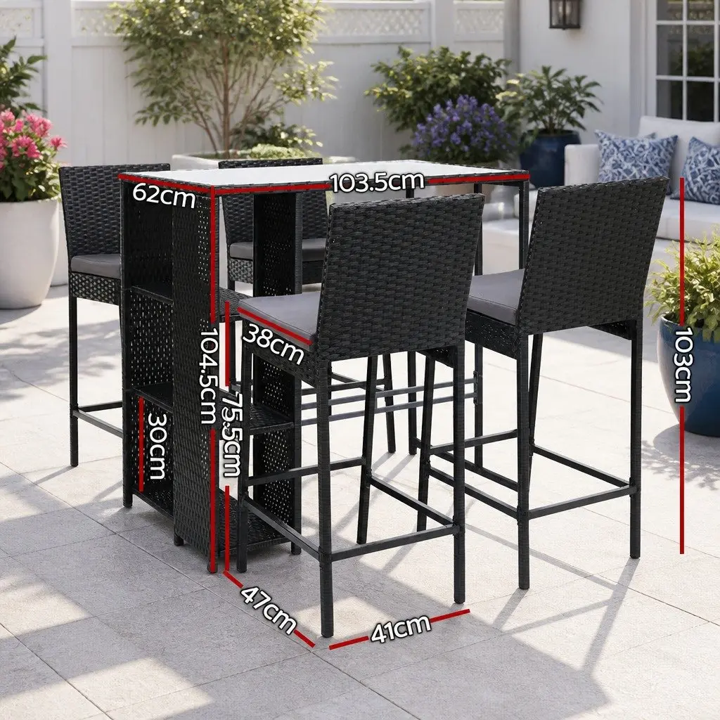 5 Piece Outdoor Bar Stool Set Wicker Table with Tempered Glass Top Cushioned Black Chairs for Patio Dining