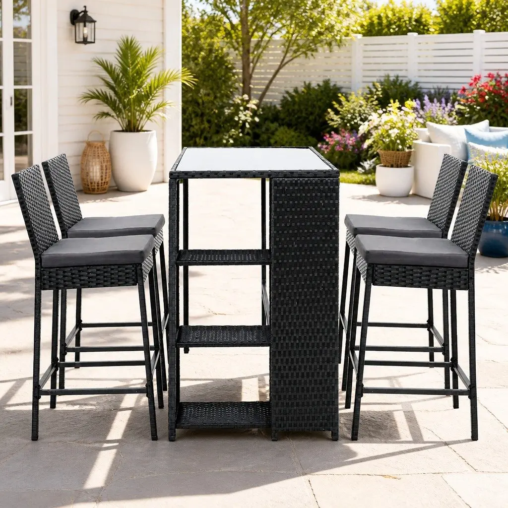 5 Piece Outdoor Bar Stool Set Wicker Table with Tempered Glass Top Cushioned Black Chairs for Patio Dining