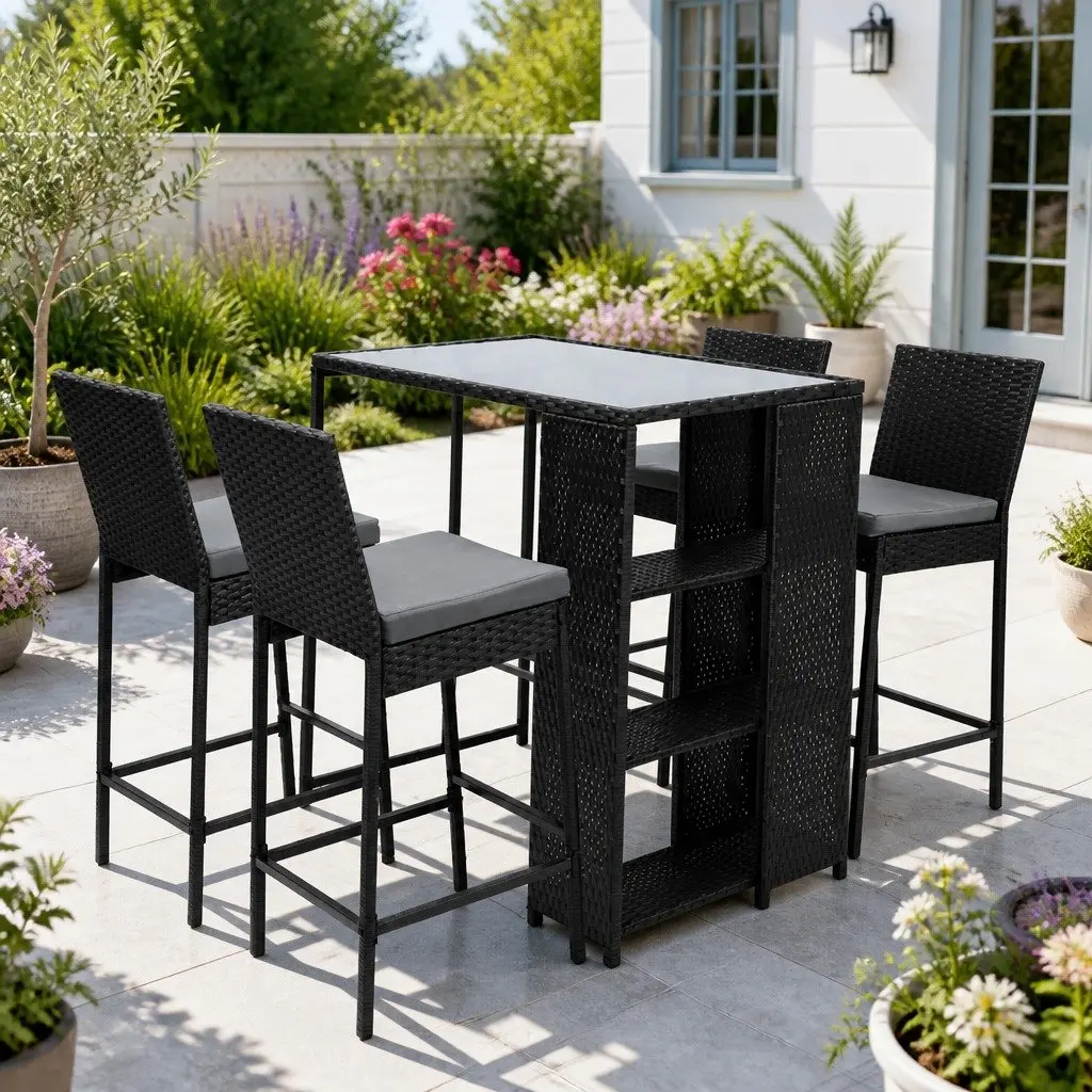 5 Piece Outdoor Bar Stool Set Wicker Table with Tempered Glass Top Cushioned Black Chairs for Patio Dining