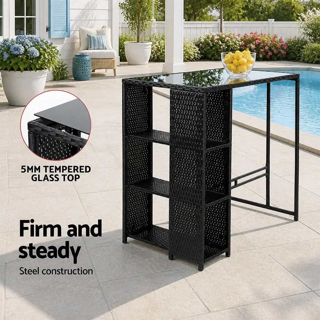 5 Piece Outdoor Bar Stool Set Wicker Table with Tempered Glass Top Cushioned Black Chairs for Patio Dining