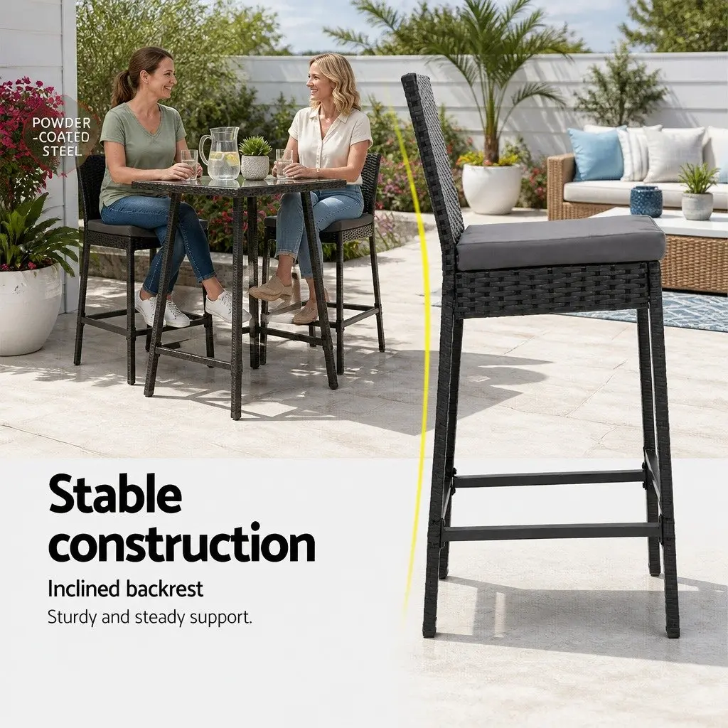 5 Piece Outdoor Bar Stool Set Wicker Table with Tempered Glass Top Cushioned Black Chairs for Patio Dining
