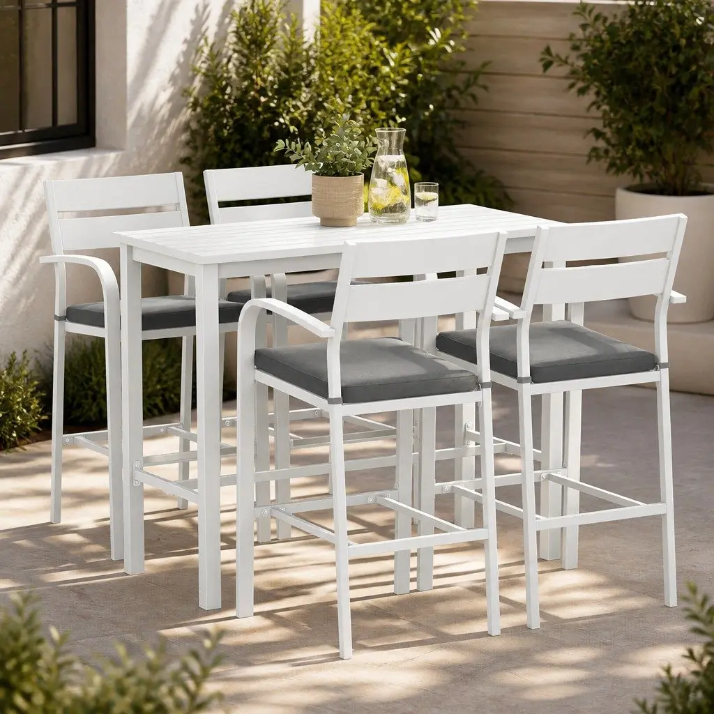 Bar Stools and Table Set Aluminium 5 Piece Outdoor Patio Dining Chairs White
