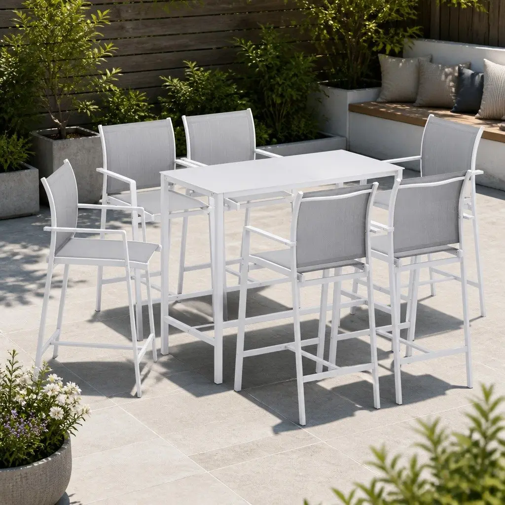 Outdoor Bar Stools Dining Set 7PC Steel Patio Furniture White Bistro Table