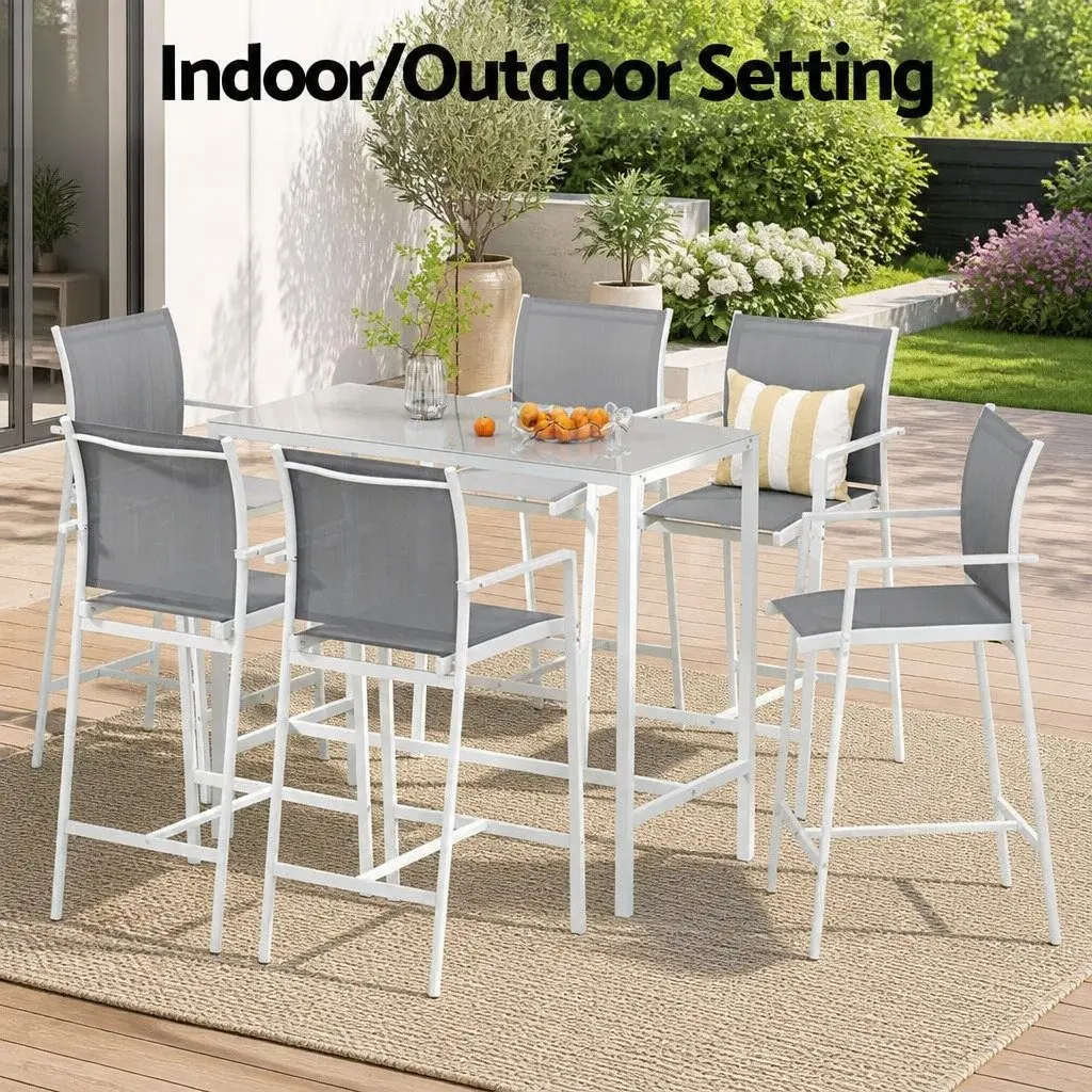 Outdoor Bar Stools Dining Set 7PC Steel Patio Furniture White Bistro Table