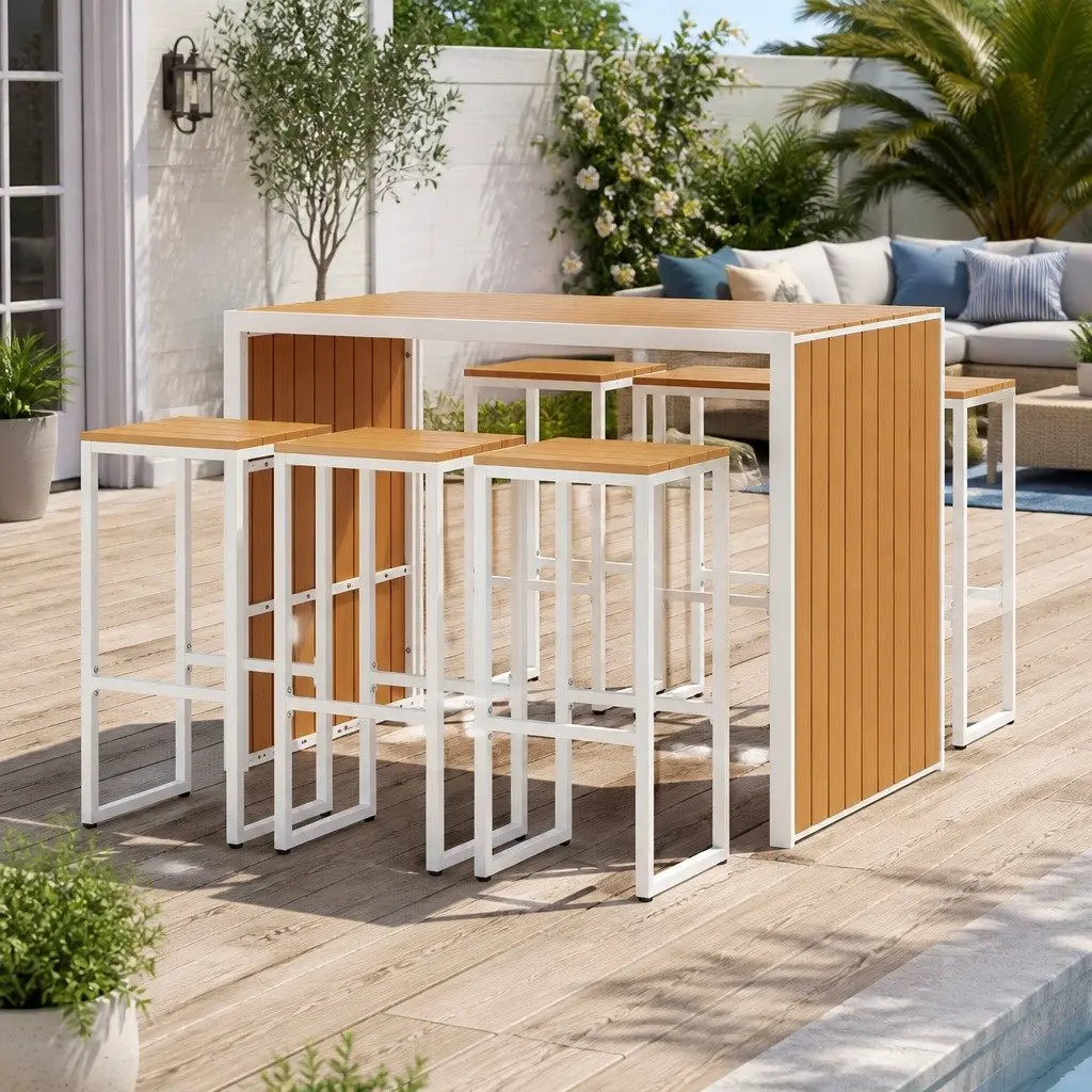 7 Piece Outdoor Bar Set Powder Coated Steel Brown 6 Seater Patio Dining Table Chairs