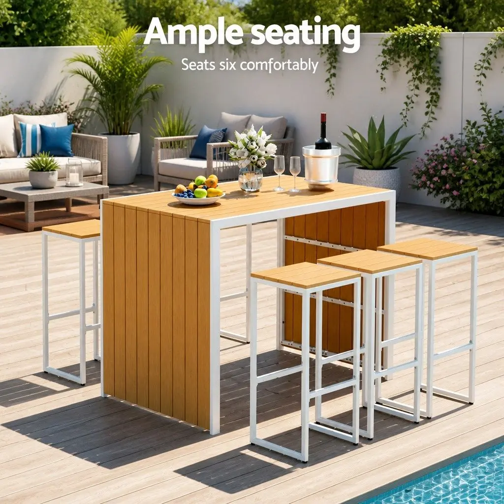 7 Piece Outdoor Bar Set Powder Coated Steel Brown 6 Seater Patio Dining Table Chairs