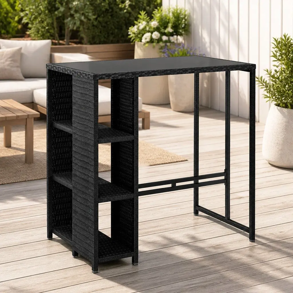 Outdoor Bar Table Steel Wicker Glass Black 1035cm W x 620cm D x 1045cm H