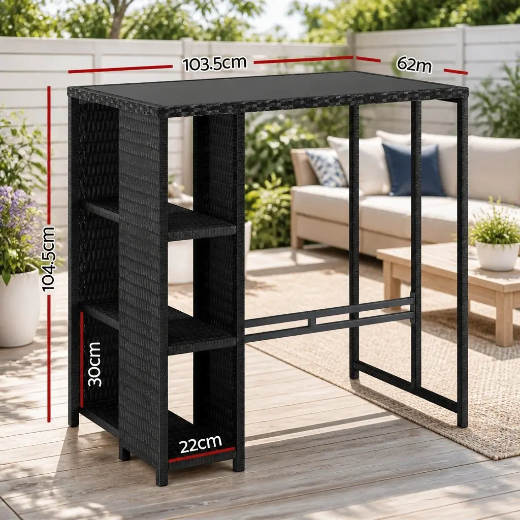 Outdoor Bar Table Steel Wicker Glass Black 1035cm W x 620cm D x 1045cm H