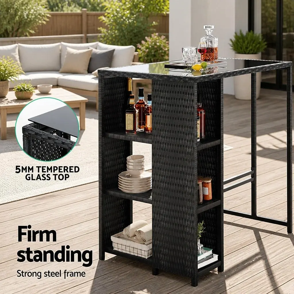 Outdoor Bar Table Steel Wicker Glass Black 1035cm W x 620cm D x 1045cm H