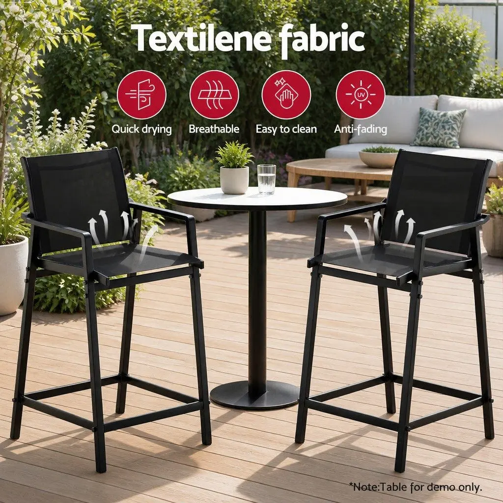 Outdoor Bar Stools Steel Frame 55cm W Black 2 Piece Set