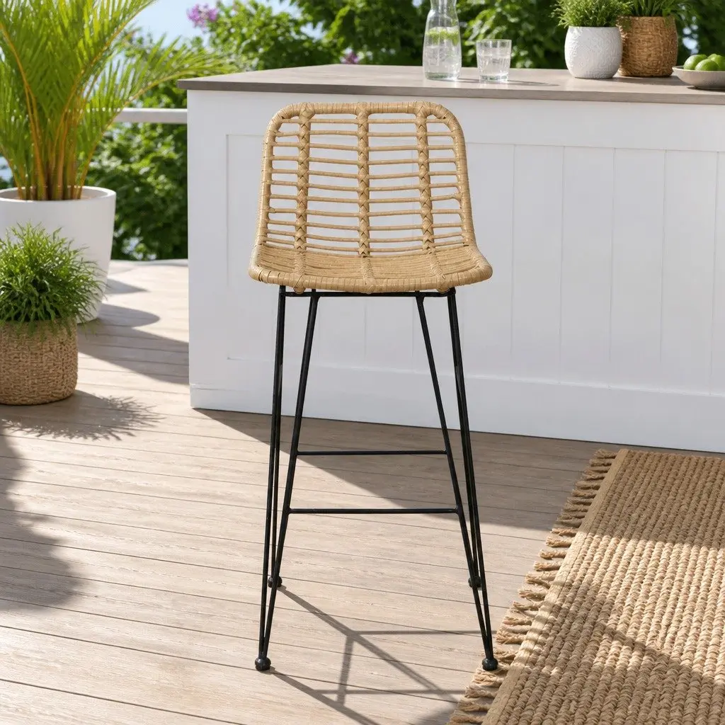Outdoor Bar Stools Wicker Hand-woven Steel Frame 41cm W x 50cm D x 92cm H Nature Black Set of 2