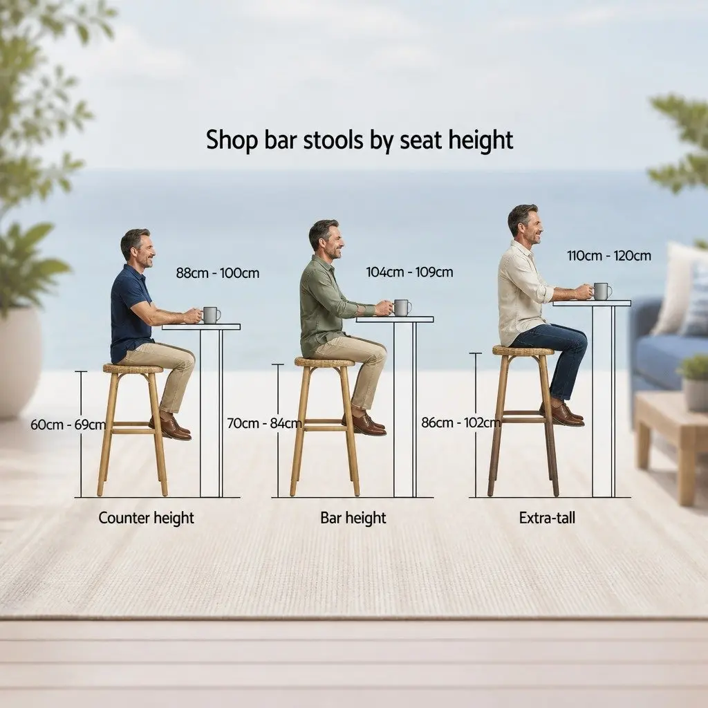Outdoor Bar Stools Wicker Hand-woven Steel Frame 41cm W x 50cm D x 92cm H Nature Black Set of 2