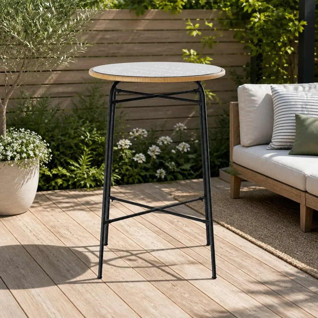 Outdoor Bar Table Wicker Metal Frame 70cm x 70cm x 100cm Beige Black