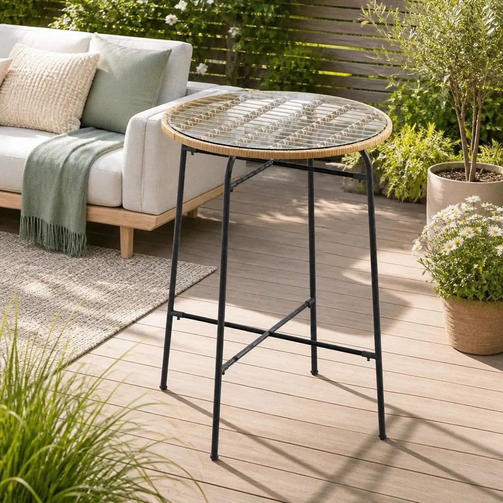 Outdoor Bar Table Wicker Metal Frame 70cm x 70cm x 100cm Beige Black