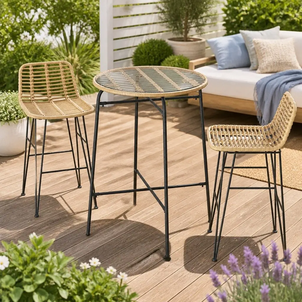 Outdoor Bar Set Wicker Chairs Table 3-Piece Brown Black